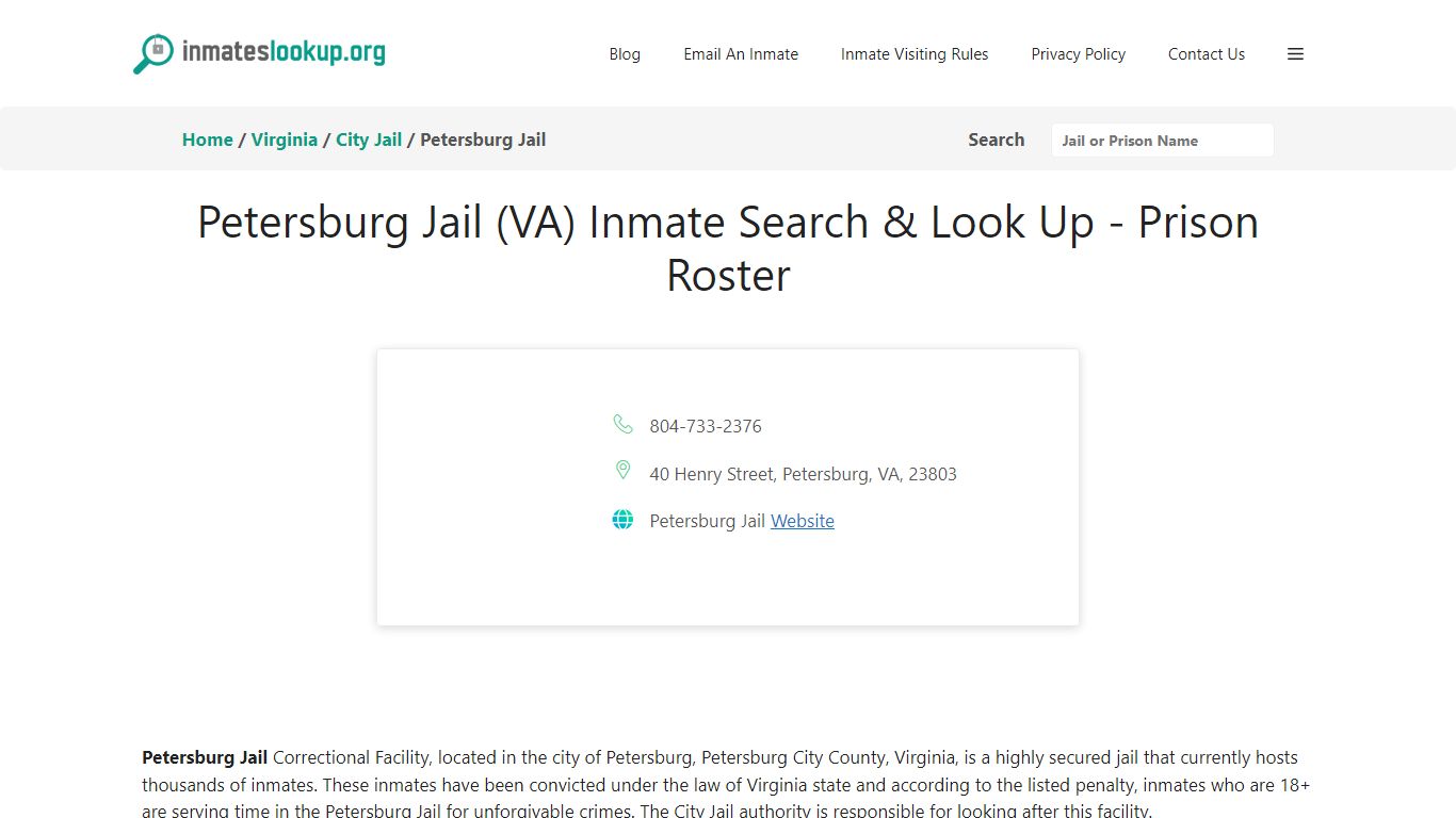 Petersburg Jail (VA) Inmate Search & Look Up - Prison Roster